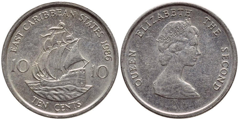 Восточно-Карибские штаты 10 центов 1986 Елизавета II (1952-2022), парусник KM 13 медно-никель 4392-1145