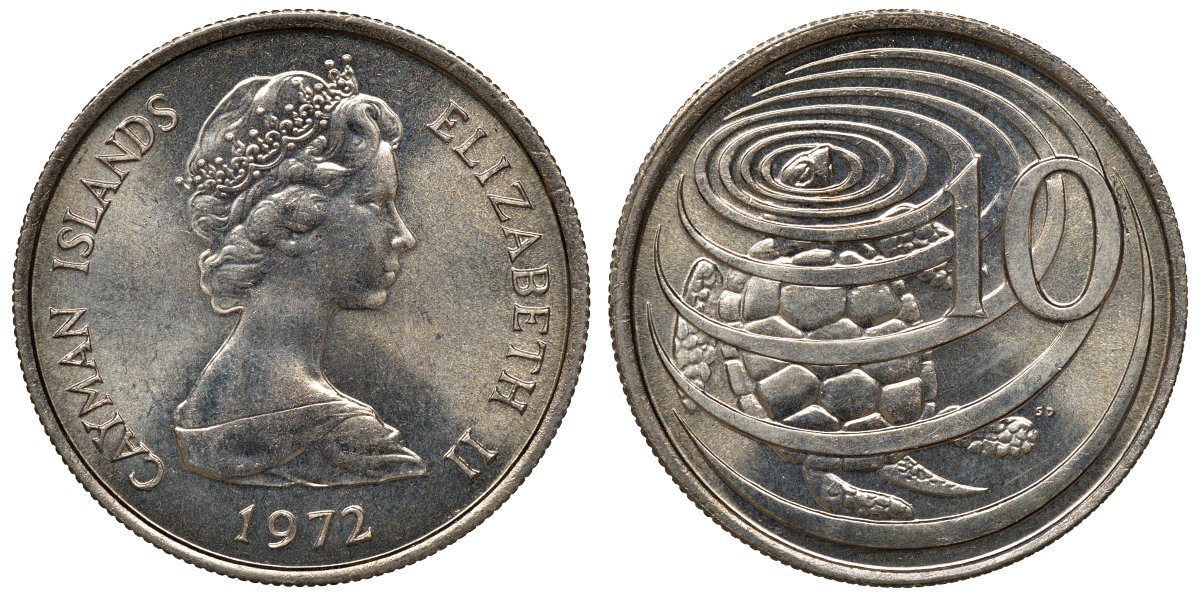Каймановы острова 10 центов 1972 черепаха КМ 3 медно-никель UNC M55-06