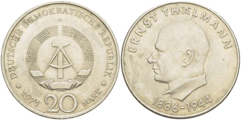 ГДР 20 марок 1971 A, 85 лет со дня рождения Эрнста Тельмана KM 34, J. 1535 медно-никель 4521-413