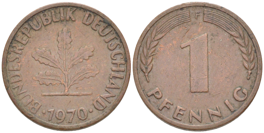 ФРГ 1 ПФЕННИГ 1970 F KM 105, J. 380 сталь плакированная медью 4181-554