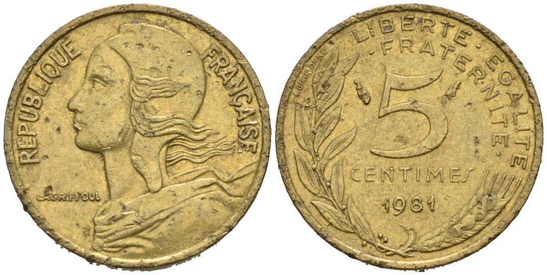 ФРАНЦИЯ 5 САНТИМОВ 1981 ТИП MORLON КМ 933, LE FRANC 125.17 медь алюминий никель 4564-1264