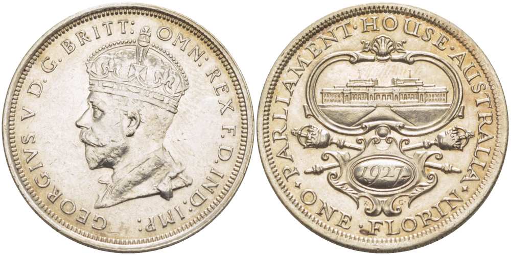 Австралия 1 флорин 1927 открытие нового здания парламента в Камбере, Георг V (1910-1936) KM 31 серебро 4512-931