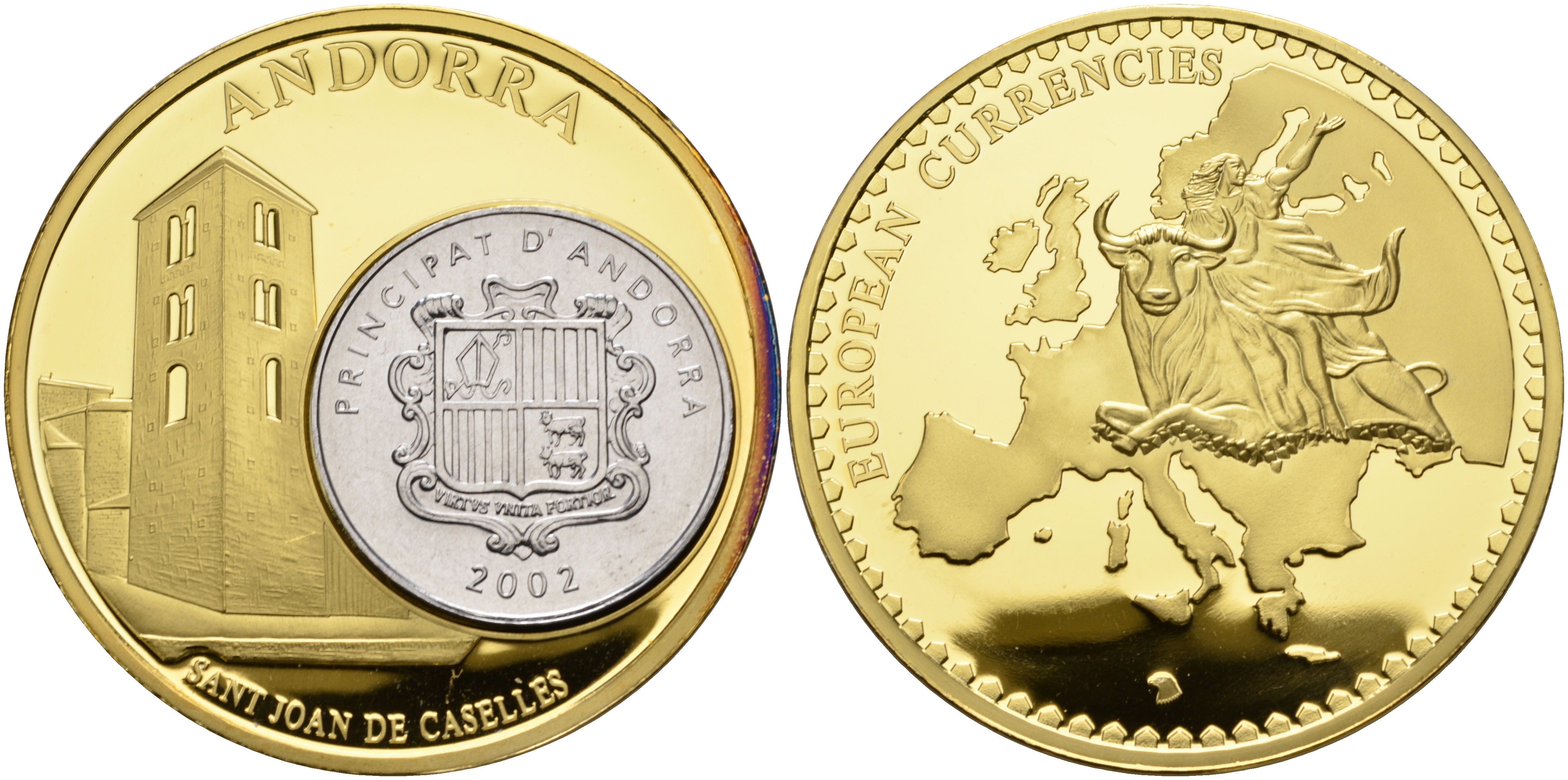НИДЕРЛАНДЫ МЕДАЛЬ ND МОНЕТА НА МЕДАЛИ, СЕРИЯ ДОЕВРОВЫЕ ЕВРОПЕЙСКИЕ МОНЕТЫ, АНДОРРА 1 САНТИМ 2002 ЧАРЛЬЗ ВЕЛИКИЙ, ЦЕРКОВЬ СВЯТОГО ИОАННА В КАНИЛЛО, ДИАМЕТР 50 ММ. позолота PROOF 1069-4-33
