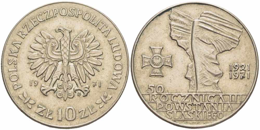 Польша 10 злотых 1971 MW, 50 лет битве за Верхнюю Силезию KM 64 медно-никель 109-623