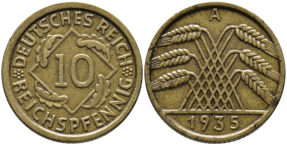 ГЕРМАНИЯ 10 РЕЙХСПФЕННИГОВ 1935 А KM 40, J.317 алюминиевая бронза 96-636