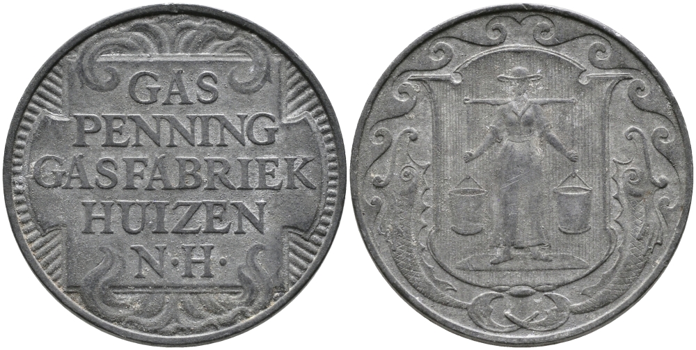НИДЕРЛАНДЫ ЖЕТОН ND ХЁЙЗЕН ГАЗ ПФЕННИГ, ГАЗОВАЯ ФАБРИКА HUIZEN N.H., ДИАМЕТР 23,5 ММ. цинк 65-1056