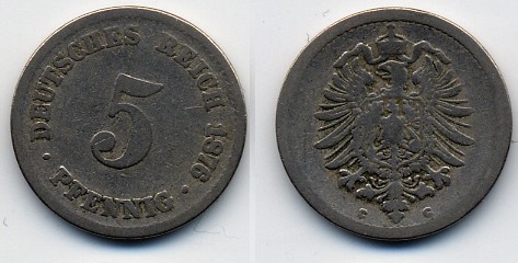 ГЕРМАНИЯ 5 ПФЕННИГОВ 1876 G, СТАРОГЕРБОВКА KM 3, J.3 медно-никель 51-3741