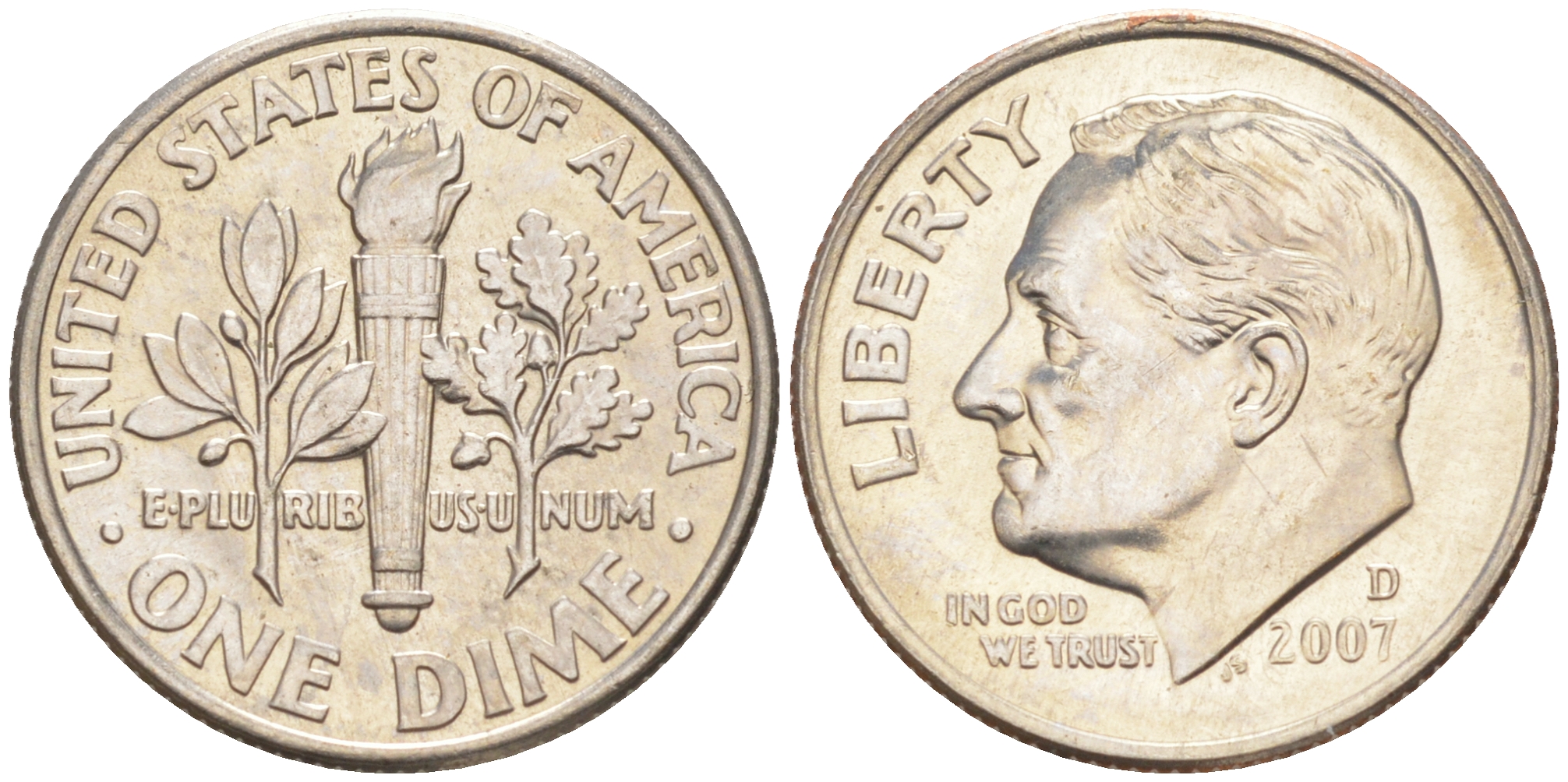 США 10 ЦЕНТОВ = 1 ДАЙМ 2007 D, РУЗВЕЛЬТ KM 195a медь плакированная медно-никелем UNC 187-1126