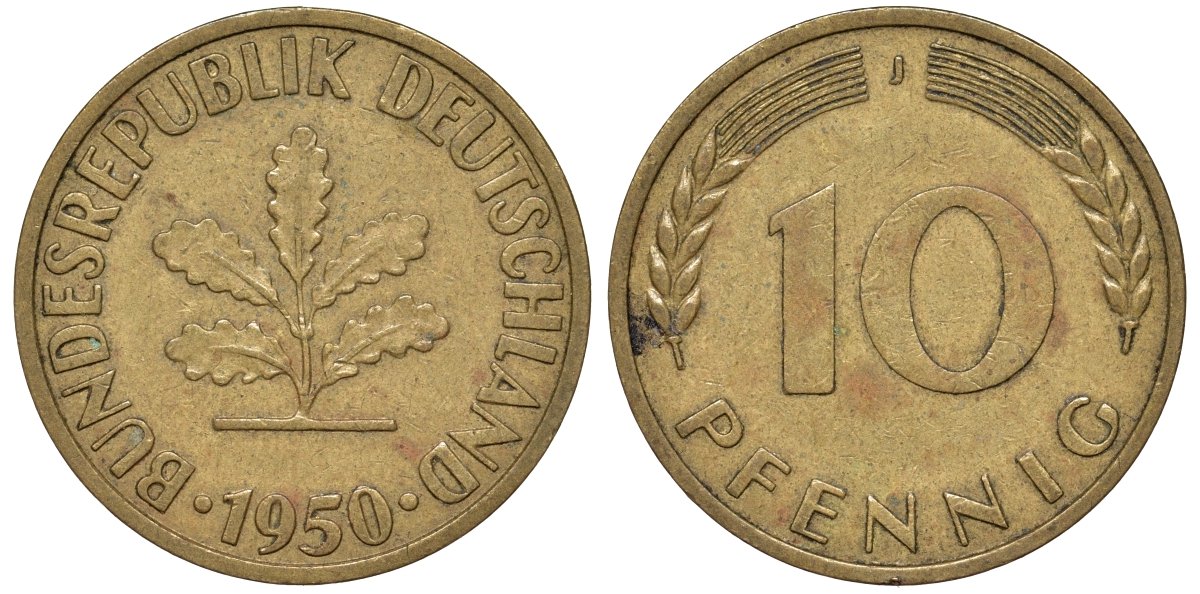 ФРГ 10 пфеннигов 1950 J KM 108, J. 383 сталь плакированная латунью 4132-533