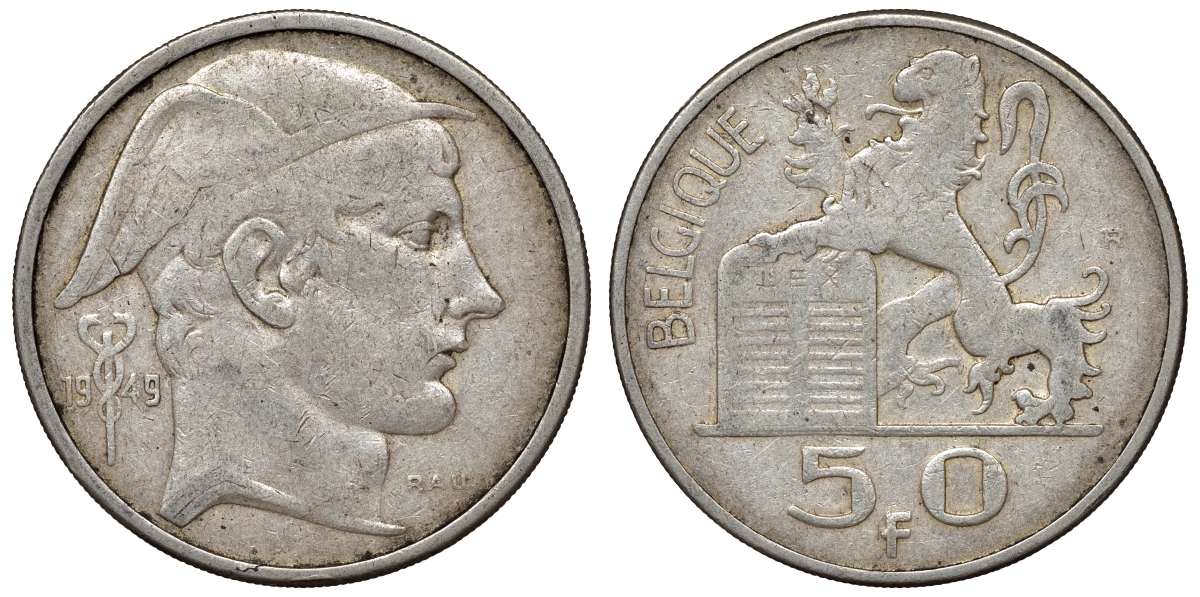 Бельгия 50 франков 1949 Леопольд III (1934-1950), Belgique  KM 136.1 серебро    4117-545