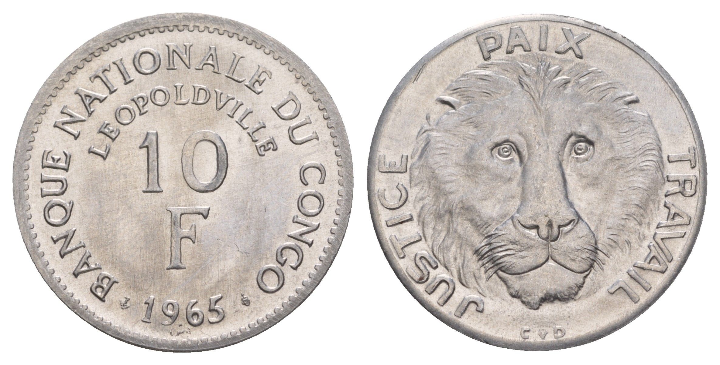 ДР Конго 10 франков 1965 год-тип KM 1 алюминий UNC 4653-612