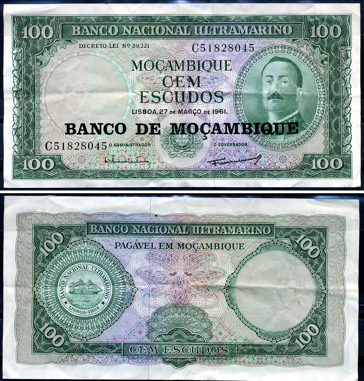 Мозамбик 100 эскудо 1961 (1976) надпечатка на 1961, Айрес де Орнелас  Pick 117 a бумага 8564-53-1-1