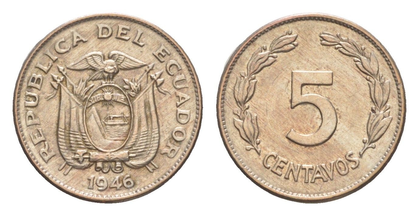 Эквадор 5 сентаво 1946 KM 75b медно-никель aUNC 4640-1126