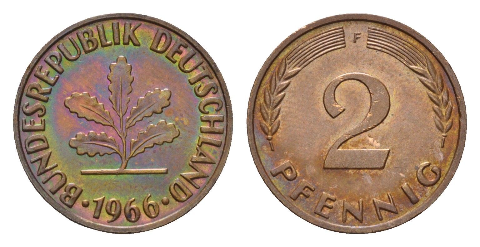 ФРГ 2 пфеннига 1966 F KM 106, J. 381 бронза 4549-1212