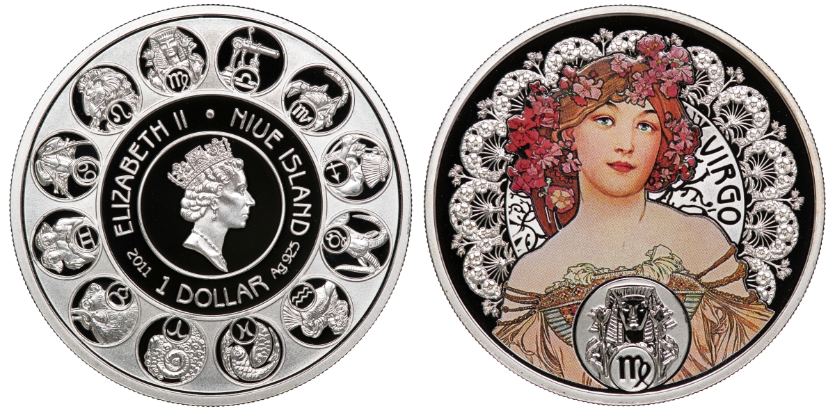 Ниуэ 1 доллар 2011 знаки зодиака, Дева, цветная эмаль KM NEW серебро PROOF 00-00