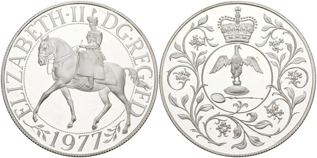 Великобритания 25 пенсов 1977 25 лет со дня коронации Елизаветы, в оригинальной коробке с сертификатом, Елизавета II (1952-2022) KM 920а, Spink 4227 серебро PROOF 00-00