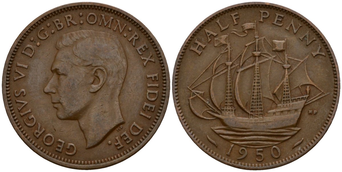Великобритания 1/2 пенни 1950 Георг VI (1936-1952) KM 868, Spink 4118 бронза 4601-433