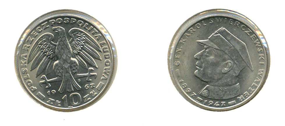 ПОЛЬША 10 ЗЛОТЫХ 1967 MW, ГЕНЕРАЛ КАРЛ СВИРЖЕВСКИ KM 58 медно-никель UNC 3616-1845