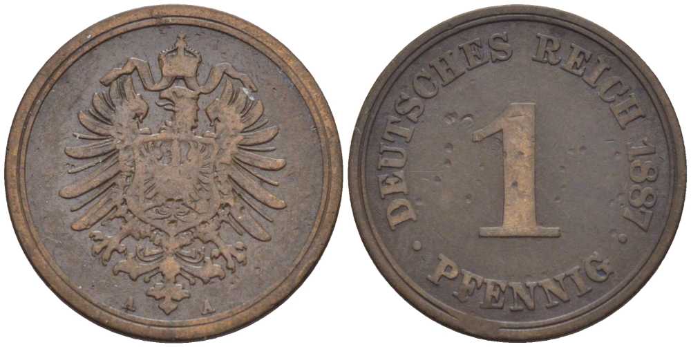 ГЕРМАНИЯ 1 ПФЕННИГ 1887 A, СТАРОГЕРБОВКА KM 1, J. 1, Weege 1 медь 206-1252