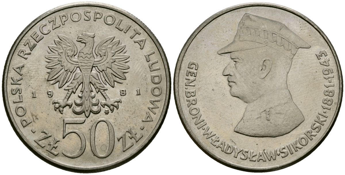 Польша 50 злотых 1981 MW, Военачальники Второй мировой войны - Владислав Сикорский Y 122 медно-никель 4168-836