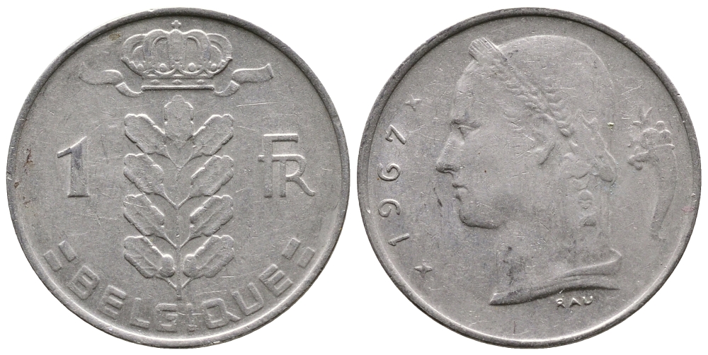 БЕЛЬГИЯ 1 ФРАНК 1967 BELGIQUE KM 142.1 медно-никель 4382-944