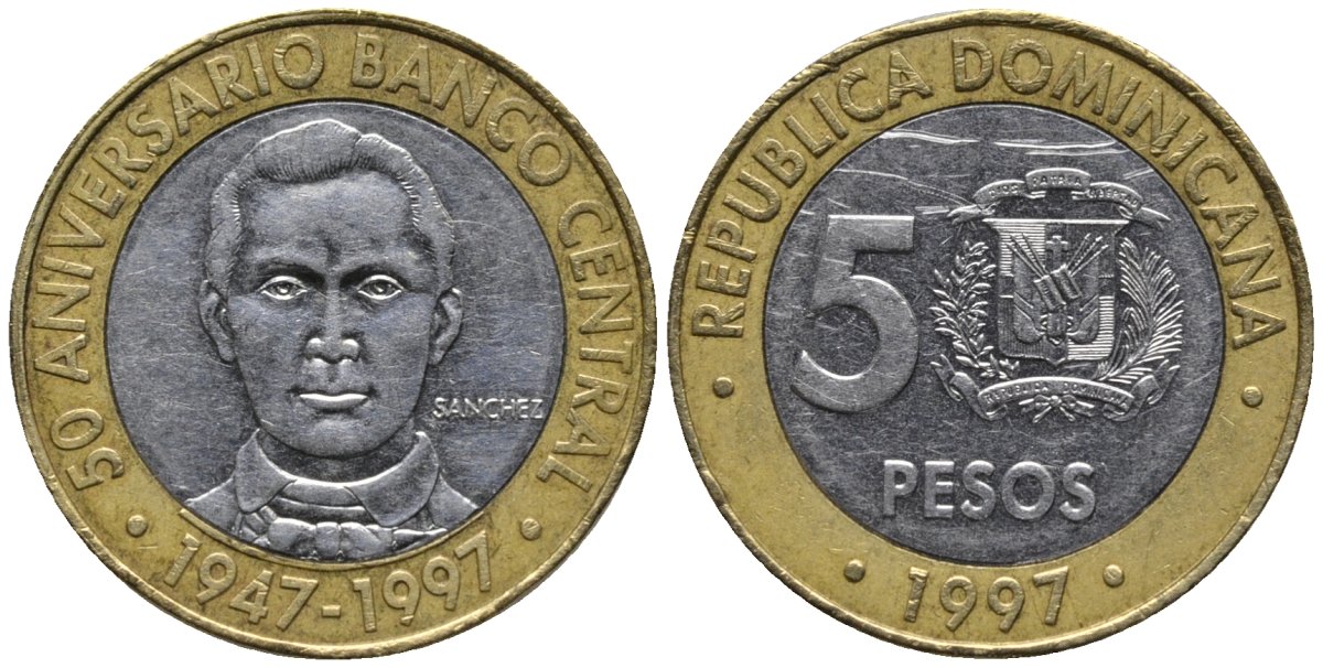 Доминиканская республика 5 песо 1997 50 лет центральному банку KM 88 биметалл 4577-1156