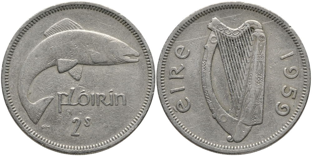 ИРЛАНДИЯ 1 ФЛОРИН - 2 ШИЛЛИНГА 1959 ЛОСОСЬ KM 15а медно-никель 89-1722