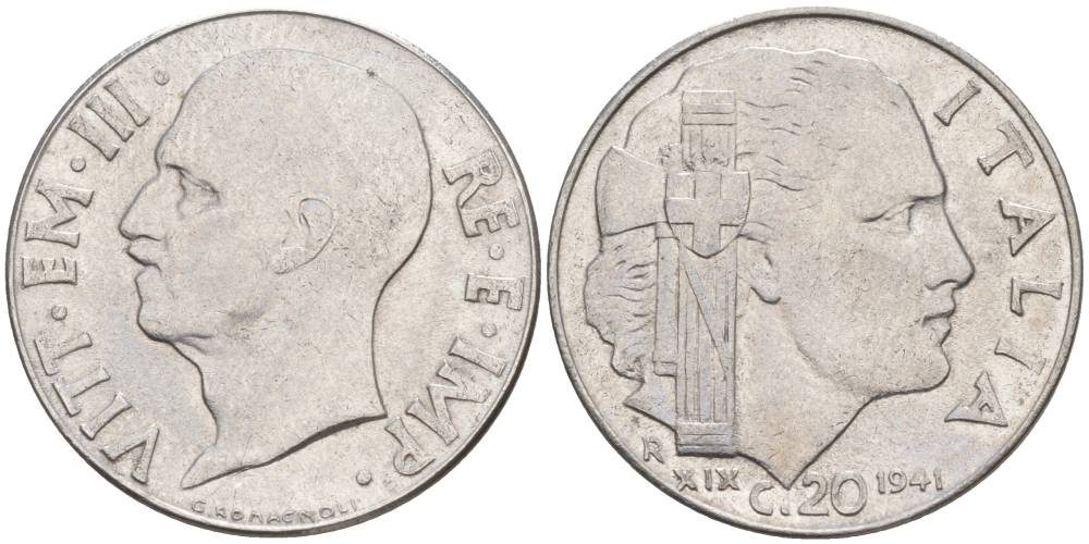 ИТАЛИЯ 20 ЧЕНТЕЗИМО 1941 R, ГОД XIX, ВИКТОР ЭММАНУИЛ III (1900-1946) KM 75b, VEM3. 1028 нержавеющая сталь 3853-825