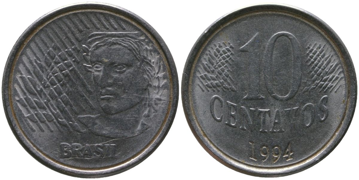Бразилия 10 сентаво 1994 KM 633, Schon 142 нержавеющая сталь 4519-756