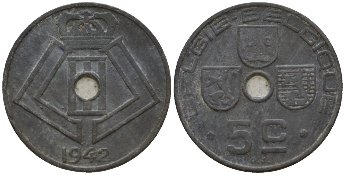 Бельгия 5 сантимов 1942 Belgie - Belgique KM 124 цинк 4543-226