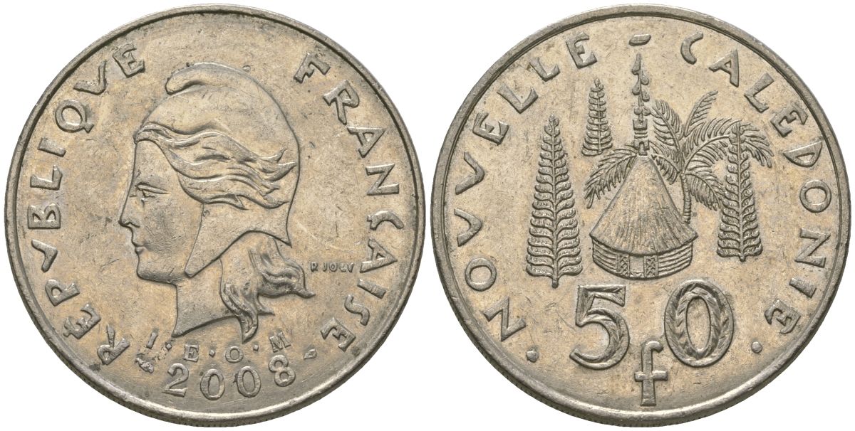 Французская Новая Каледония 50 франков 2008 хижина среди сосен и пальм, (IEOM) KM 13a, Schoen 15a, Lec 128i медно-никель 114-326