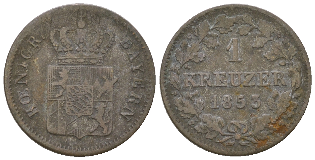 Бавария 1 крейцер 1853 Максимилиан II (1848-1864) KM 452 серебро 4668-1216