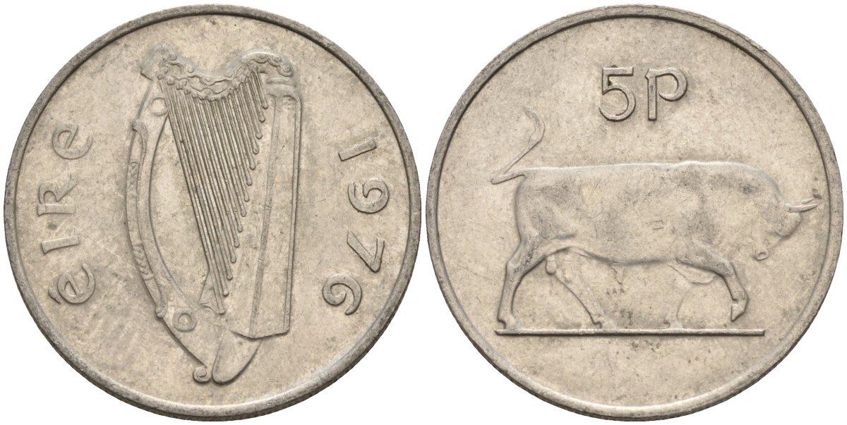 Ирландия 5 пенсов 1976 бык KM 22 медно-никель 4146-527