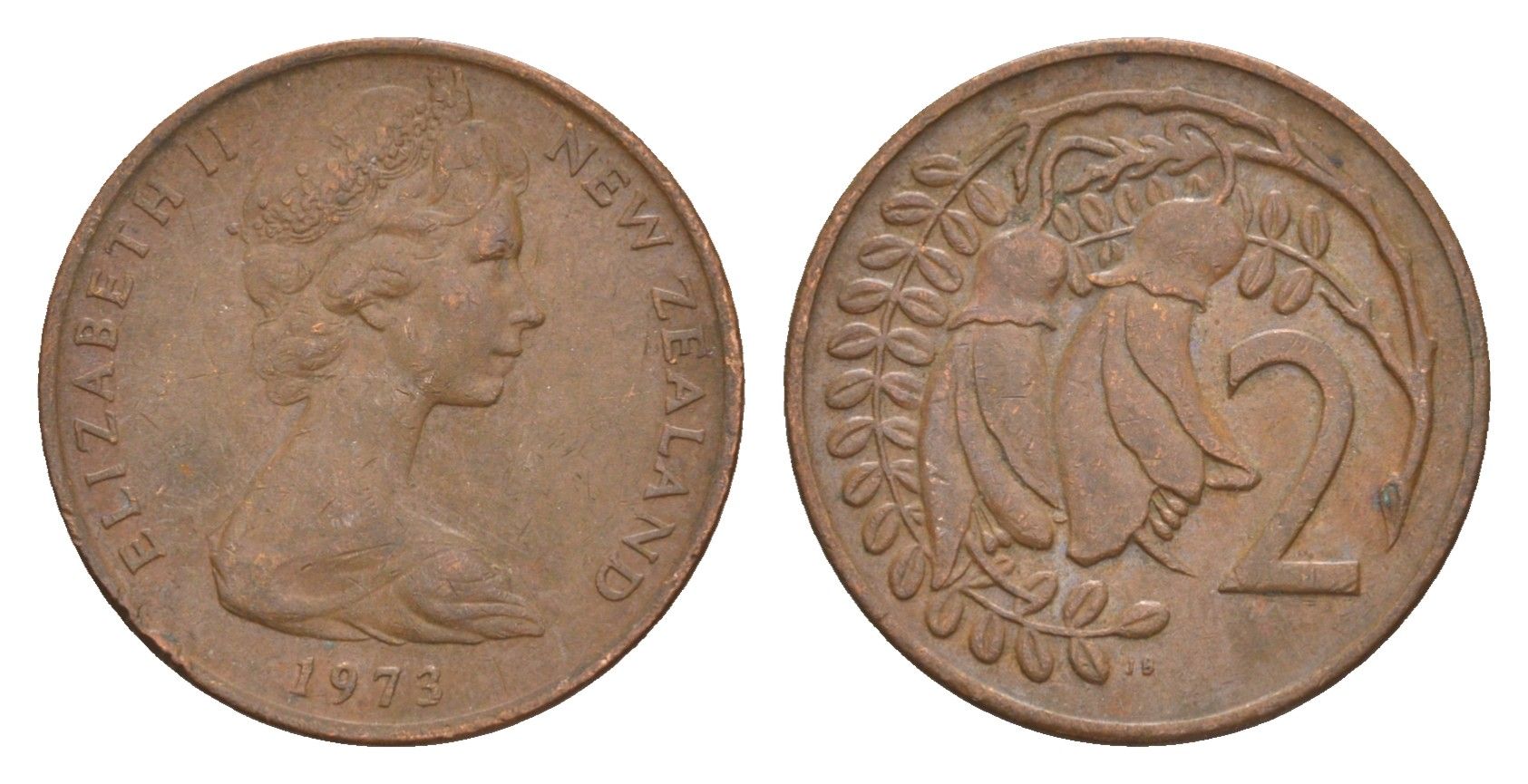 Новая Зеландия 2 цента 1973 Елизавета II (1952-2022), два цветка кохаи KM 32.1 бронза 4178-242