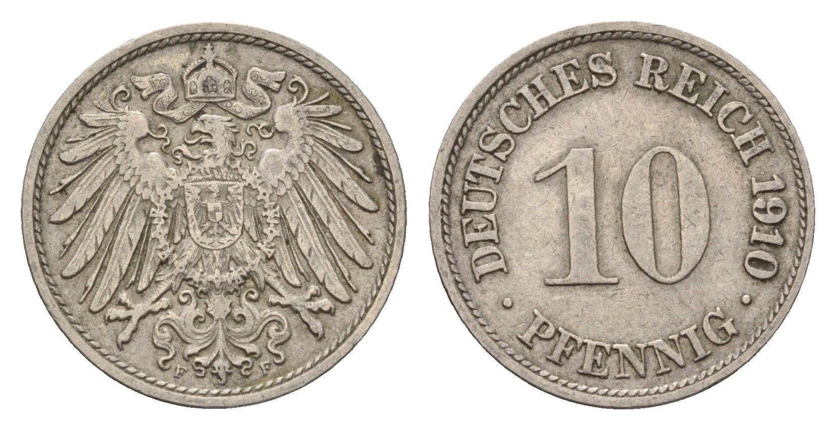 Германия 10 пфеннигов 1910 F, Вильгельм II (1888-1918) KM 12, J. 13 медно-никель 4636-925