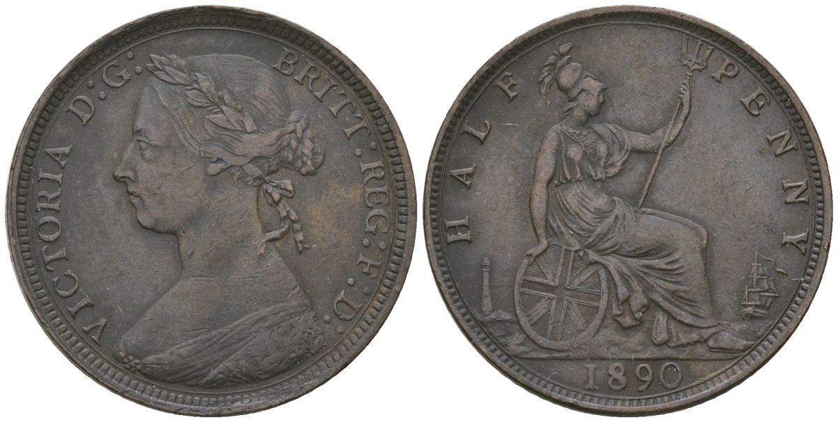 Великобритания 1/2 пенни 1890 Виктория (1837-1901) KM 754, Spink 3956 бронза 4163-841