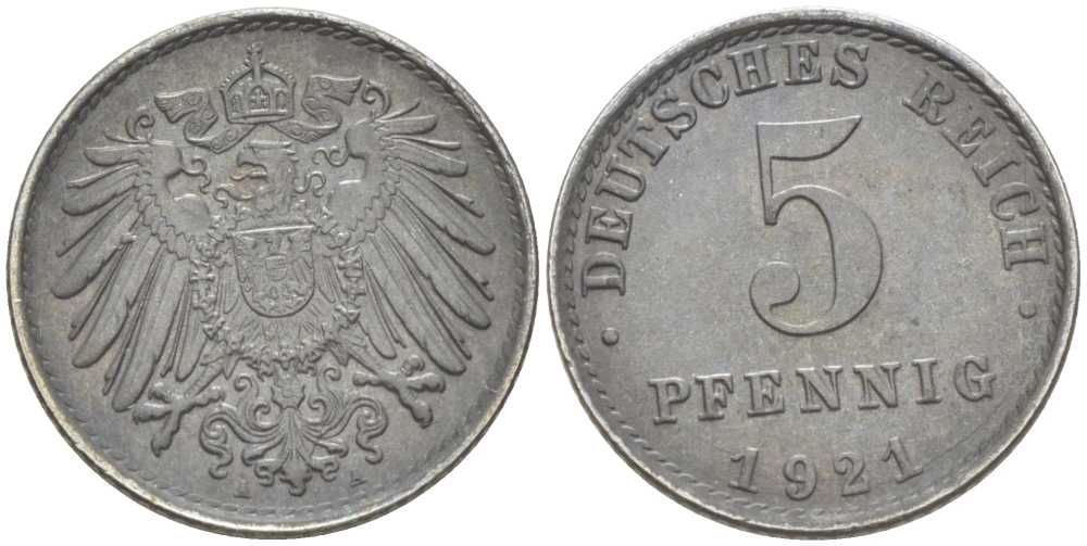 Германия 5 пфеннигов 1921 A KM 19, J. 297, Weege 5 железо 206-735