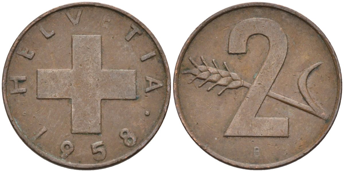 Швейцария 2 раппена 1958 В KM 47 бронза 4591-1221