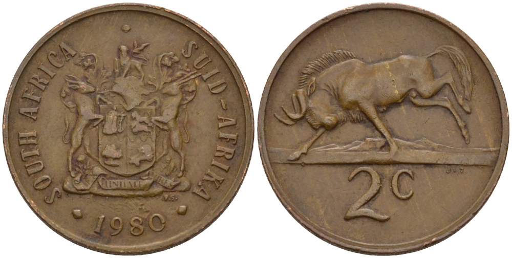 ЮАР 2 цента 1980 герб, антилопа гну KM 83 бронза 67-342