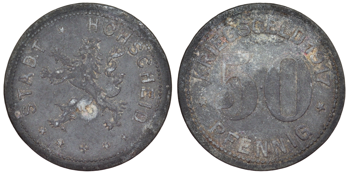 Германия, Хёхшайд (Ляйхлинген) 50 пфеннигов 1917 северный Рейн-Вестфалия, нотгельд Funck 215.1 цинк 4121-516