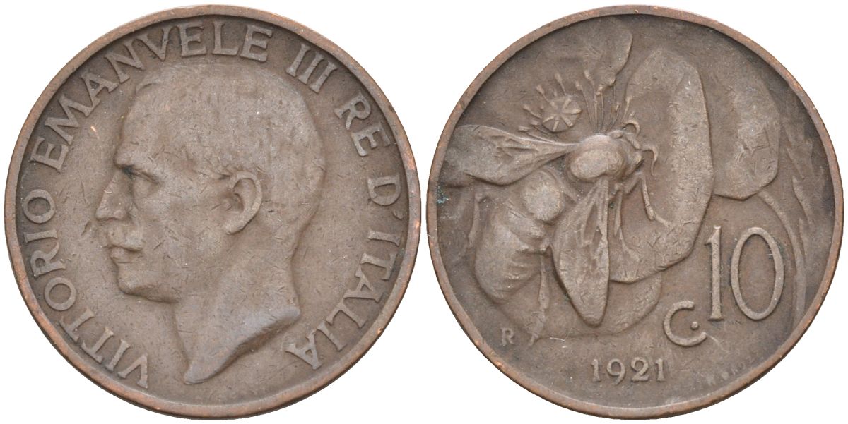 Италия 10 чентезимо 1921 R, пчела, Виктор Эммануил (1900-1946) KM 60 медь 4538-144