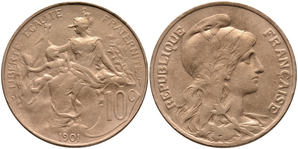 ФРАНЦИЯ 10 САНТИМОВ 1901 ТИП ДАНИЭЛЬ ДЮПЮИ KM 843, LA FRANC 136.11 бронза 4388-842
