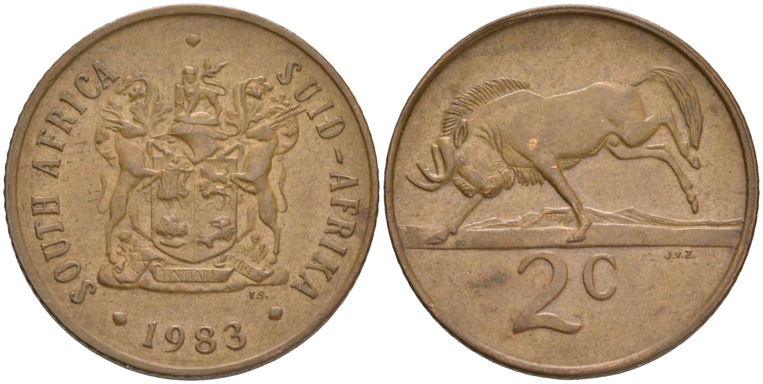 ЮАР 2 цента 1983 герб, антилопа гну KM 83 бронза 4561-725
