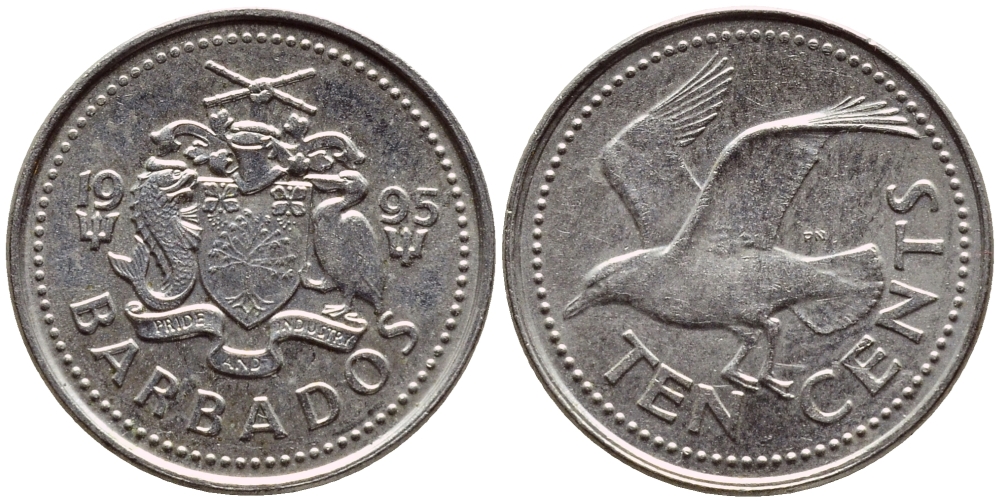 Барбадос 10 центов 1995 смеющаяся (Ацтекская) чайка KM 12 медно-никель 4396-1229