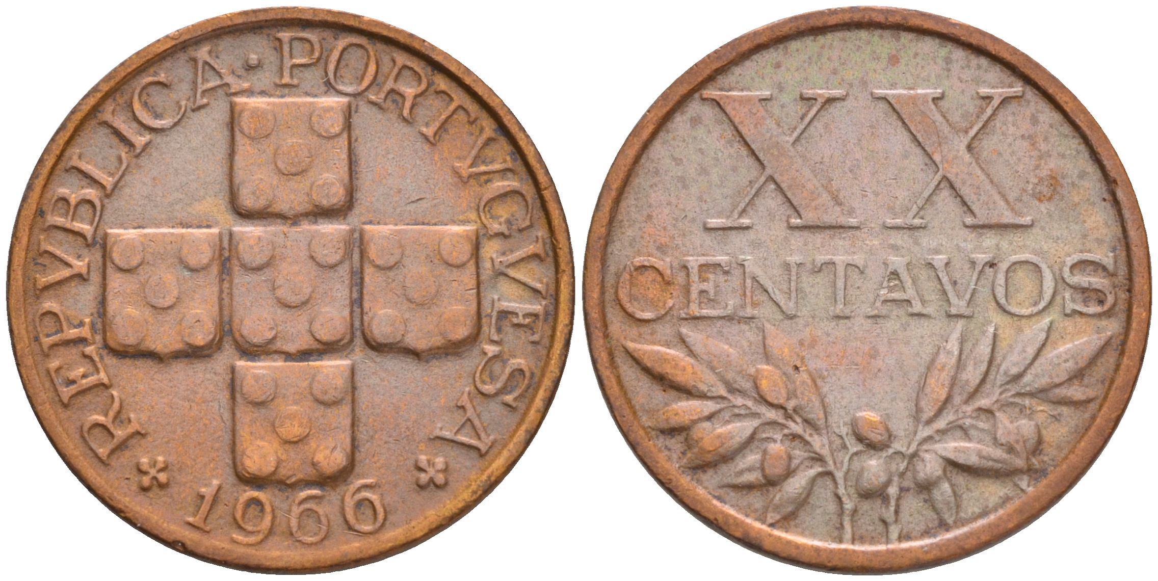 ПОРТУГАЛИЯ 20 СЕНТАВО 1966 KM 584 бронза 4561-531