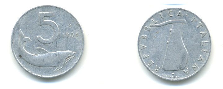 ИТАЛИЯ 5 ЛИР 1954 R, РУЛЬ, ДЕЛЬФИН KM 92 алюминий 86-942