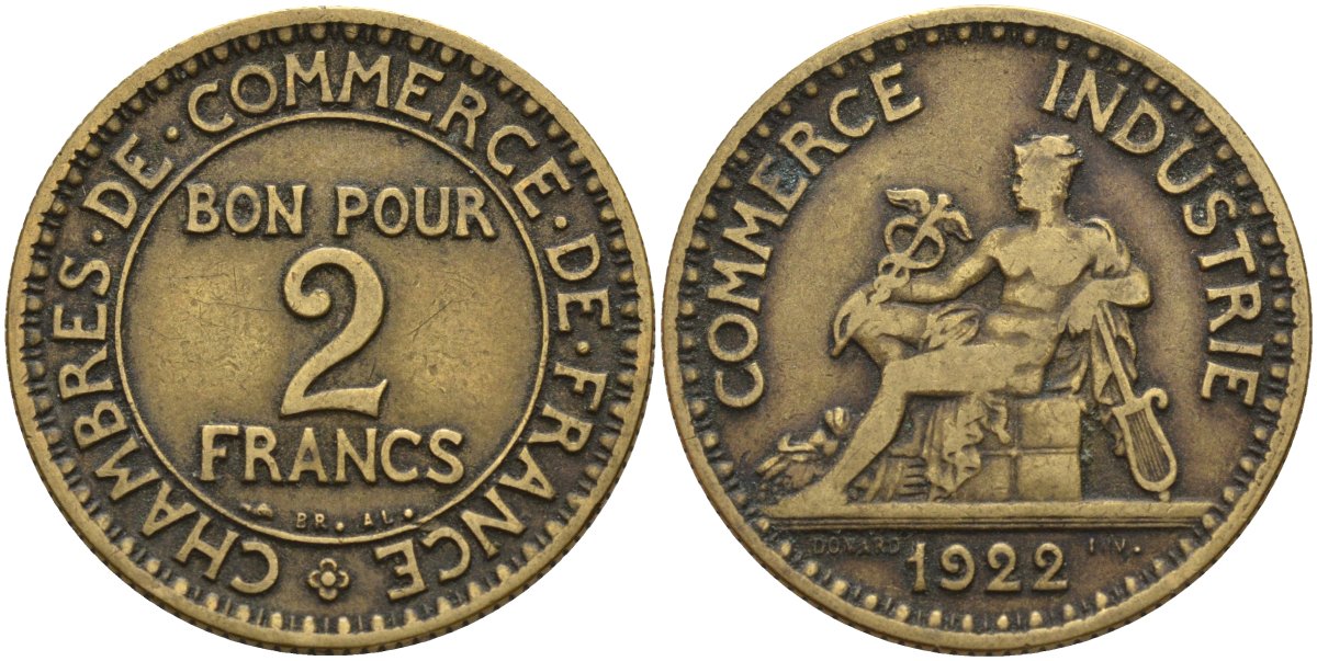 Франция 2 франка 1922 Третья республика (1871-1940) KM 877, Le Franc 267.7 алюминиевая бронза 4144-246