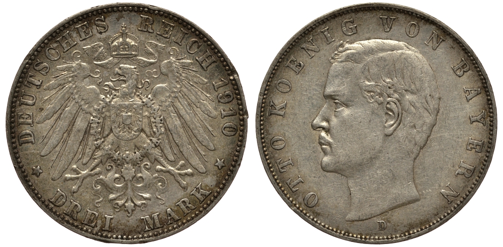 Бавария 3 марки 1910 Отто (1886-1913) Weege 45, J. 47, KM 515 серебро 3711-2011