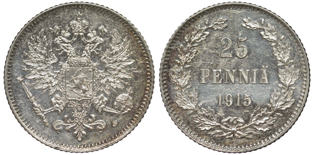Россия для Финляндии 25 пенни 1915 S, Николай II (1894-1917) KM 6.2, Биткин 420 серебро 75-1218