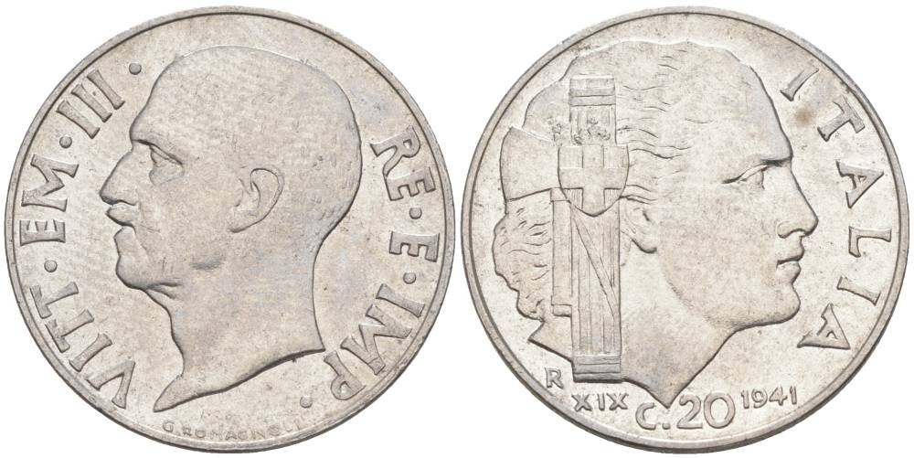 ИТАЛИЯ 20 ЧЕНТЕЗИМО 1941 R, ГОД XIX, ВИКТОР ЭММАНУИЛ III (1900-1946) KM 75b, VEM3. 1028 нержавеющая сталь 3853-1051